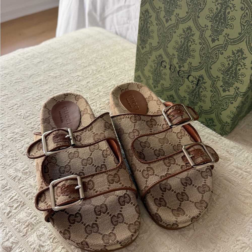 Gucci Beige & Brown GG Monogram Double-Buckle Slides